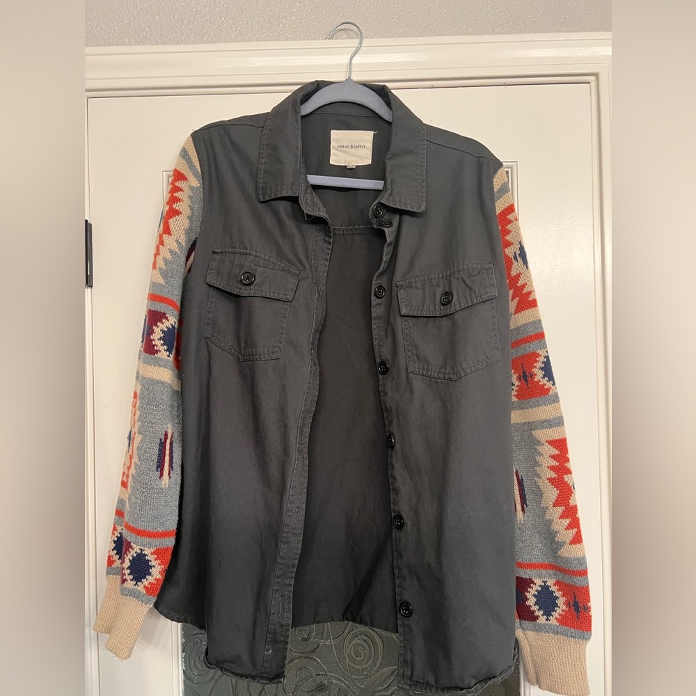 Grey shacket with woven sleeves